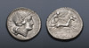 ROMAN REPUBLIC SILVER DENARIUS ANCIENT COIN WITH HELMETED ROMA AND VICTORY HOLDING WREATH DRIVING CHARIOT HORSES  *AC220