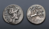 ROMAN REPUBLIC SILVER DENARIUS ANCIENT COIN WITH HELMETED ROMA AND GODDESS LIBERTAS DRIVING CHARIOT HORSES  *AC222