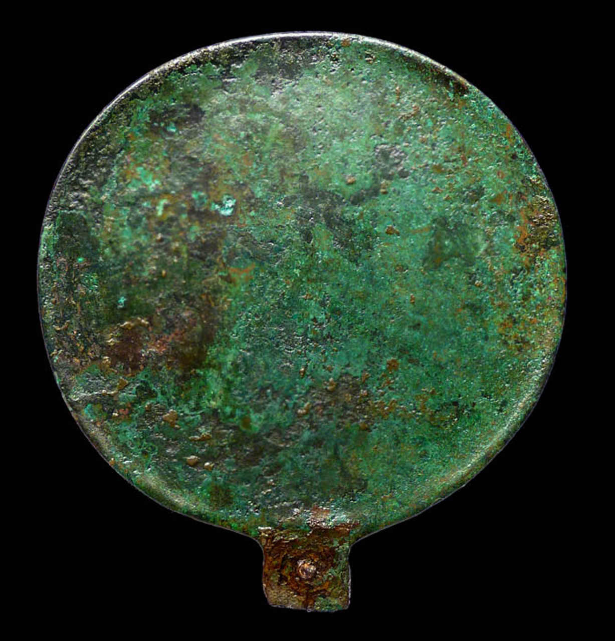 NE038 - SUPERB COMPLETE ANCIENT LURISTAN BRONZE LARGE COSMETIC REFLECTING MIRROR WITH INTACT IRON HANDLE MOUNT PIN