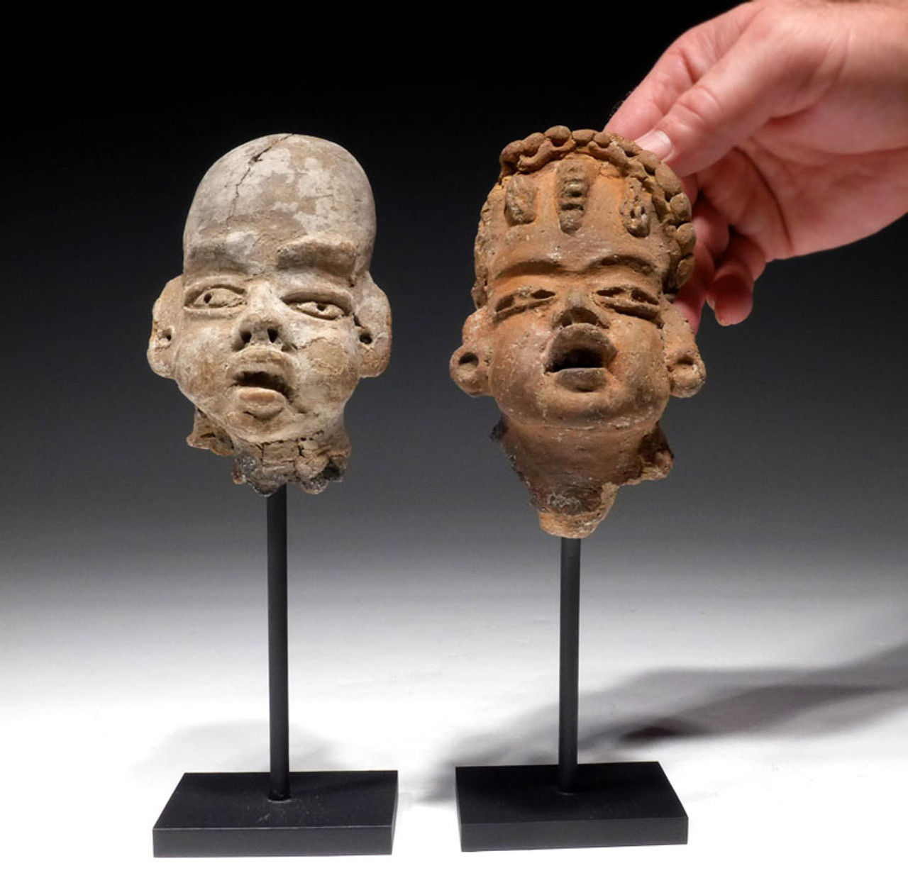 PC119 - PAIR OF PRE-COLUMBIAN OLMEC CERAMIC "BABY-FACE" HEADS FROM LARGE FIGURES