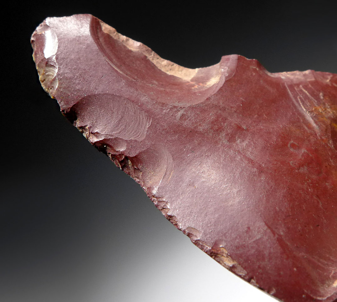 NEANDERTHAL MOUSTERIAN BACKED KNIFE STONE TOOL IN RARE WINE RED JASPER FROM FONTMAURE FRANCE *M405