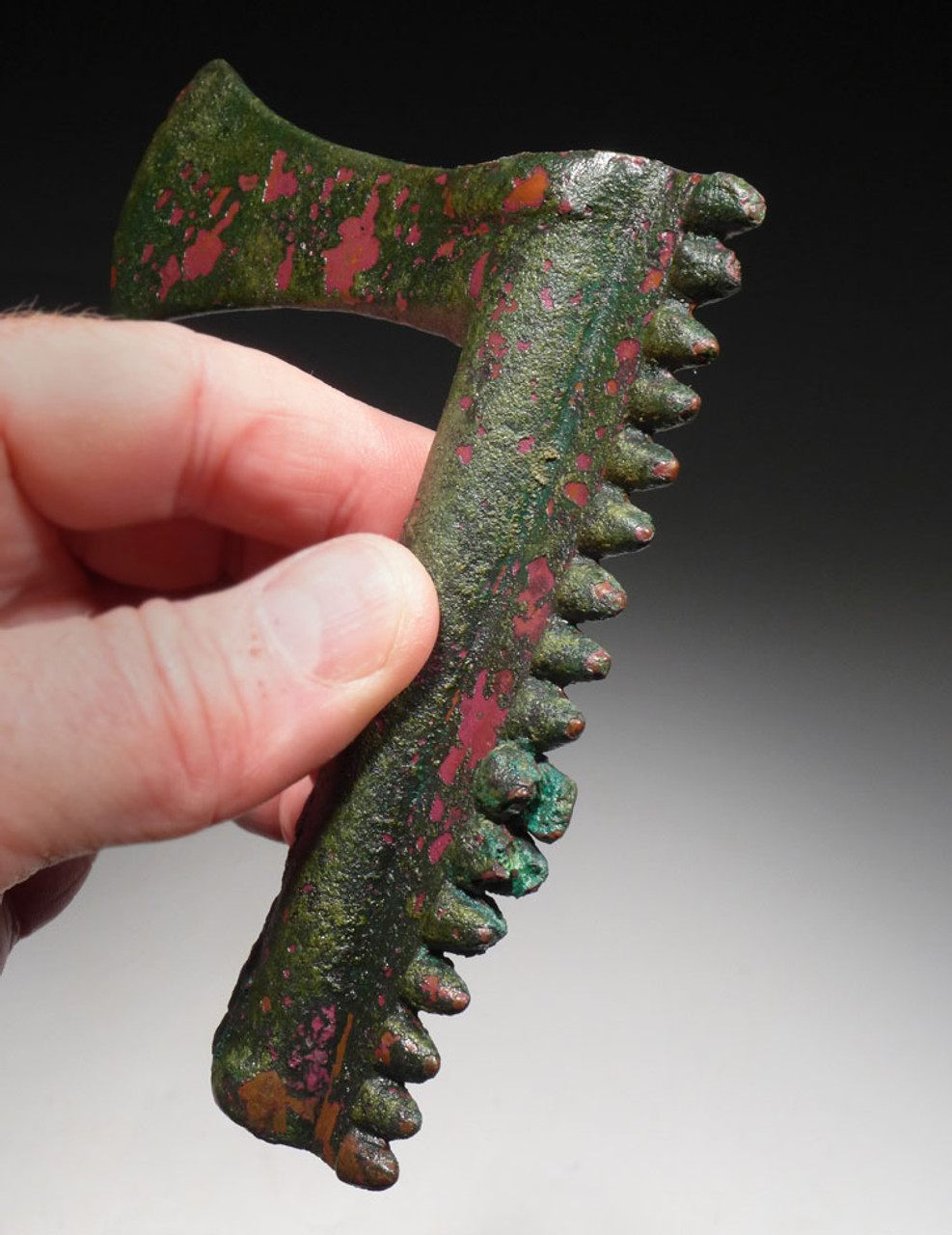 UNUSUAL ANCIENT LURISTAN BRONZE COMBAT AXE WITH LONG SERRATED SHAFT  *LUR171