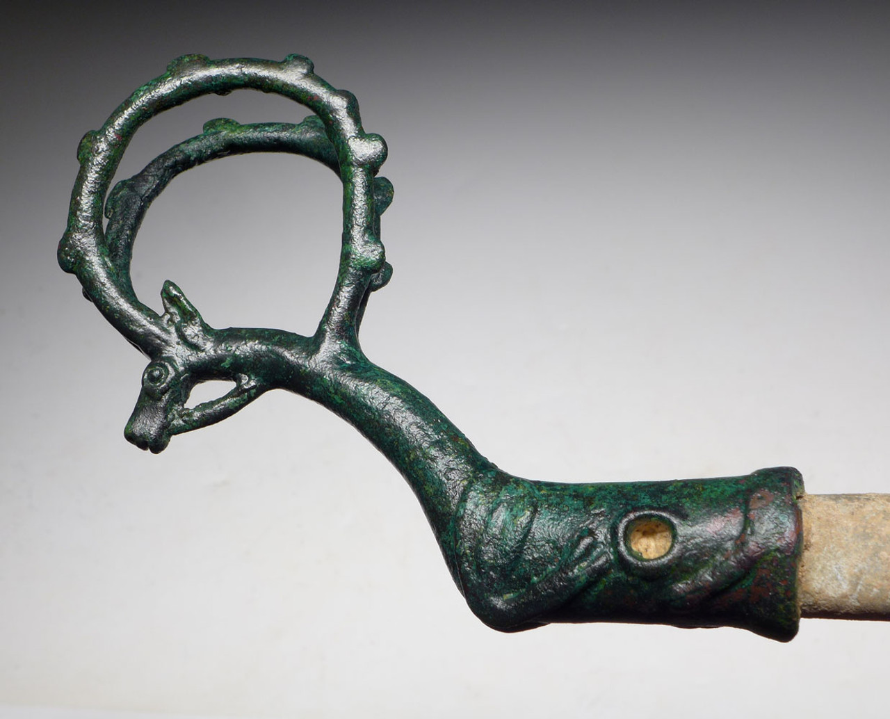 MUSEUM-CLASS ANCIENT LURISTAN WHETSTONE SWORD & DAGGER SHARPENER WITH BRONZE LEAPING IBEX HANDLE  *LUR182