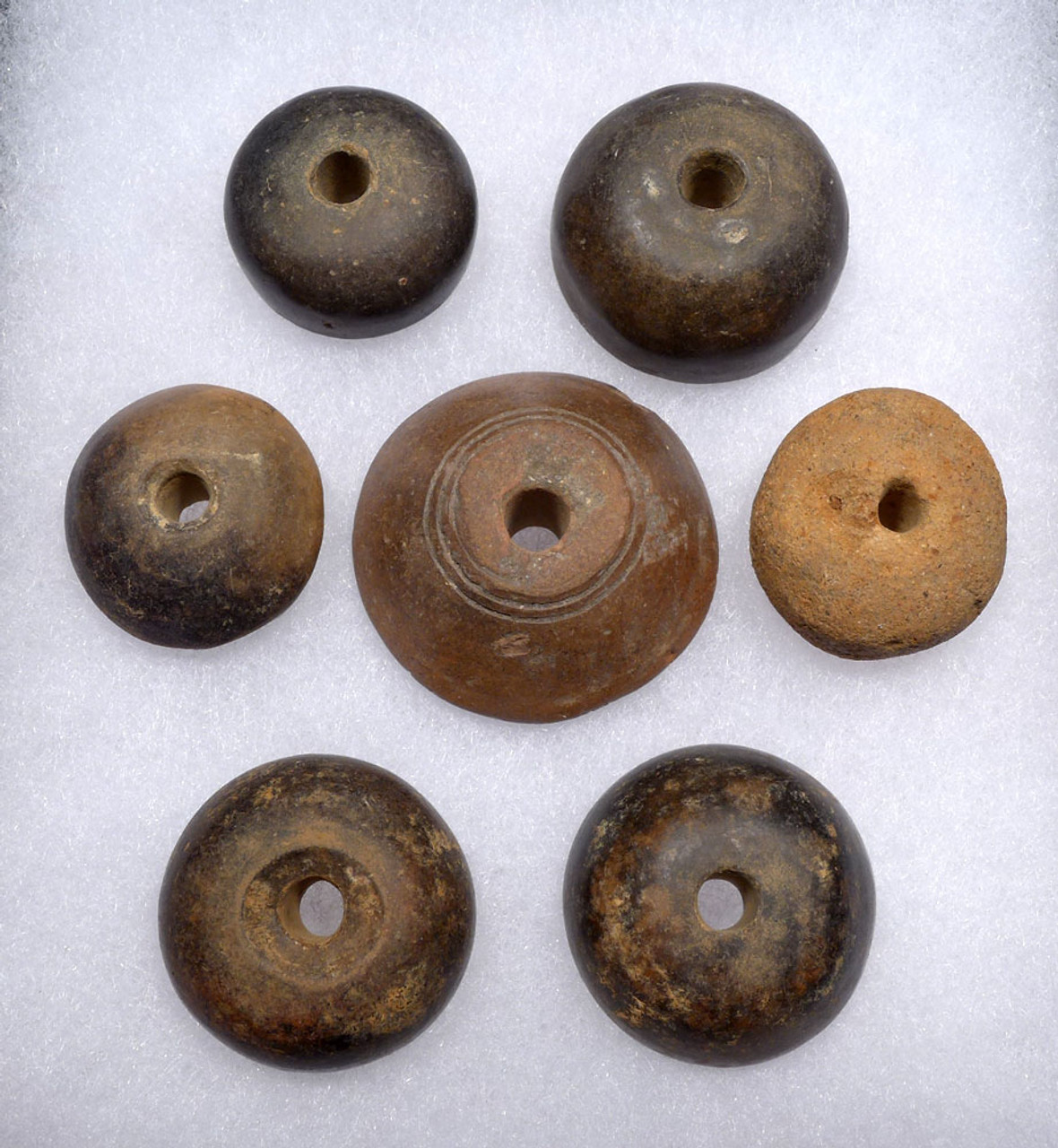 SEVEN EXCEPTIONAL PRE-COLUMBIAN QUIMBAYA ANCIENT TEXTILE SPINDLE WHORLS FROM SOUTH AMERICA  *PC364