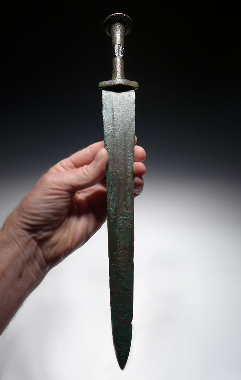 ANCIENT BRONZE LURISTAN SHORT SWORD WITH RARE EARLY IRON AGE PRESTIGE HANDLE EMBELLISHMENT  *LUR221