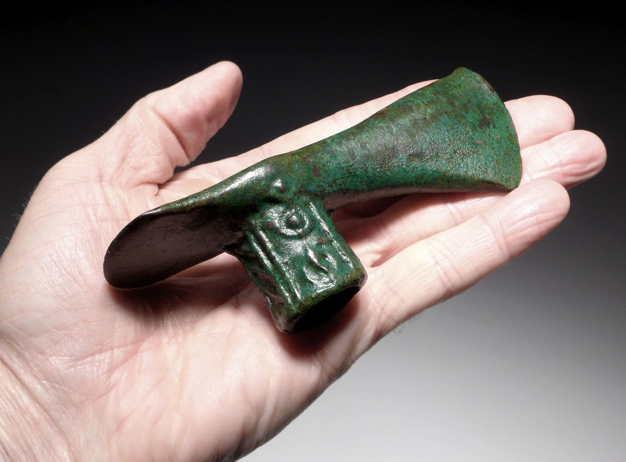 FINEST DECORATED ANCIENT LURISTAN BRONZE ADZE AXE WITH COMBAT DAMAGE  *LUR276