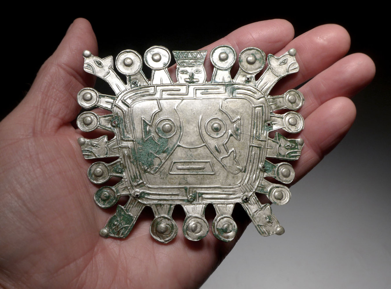 EXTREMELY RARE SILVER PRE-COLUMBIAN INCA VIRACOCHA GREAT CREATOR DEITY APPLIQUE FROM AN ANCIENT ROYAL  *PC455