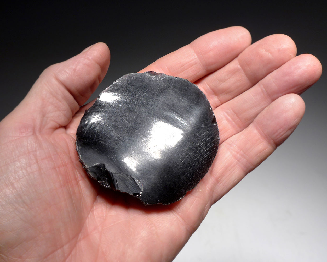 LARGE ROBUST MAYAN OBSIDIAN SKINNING DISCOIDAL UNIFACIAL SCRAPER