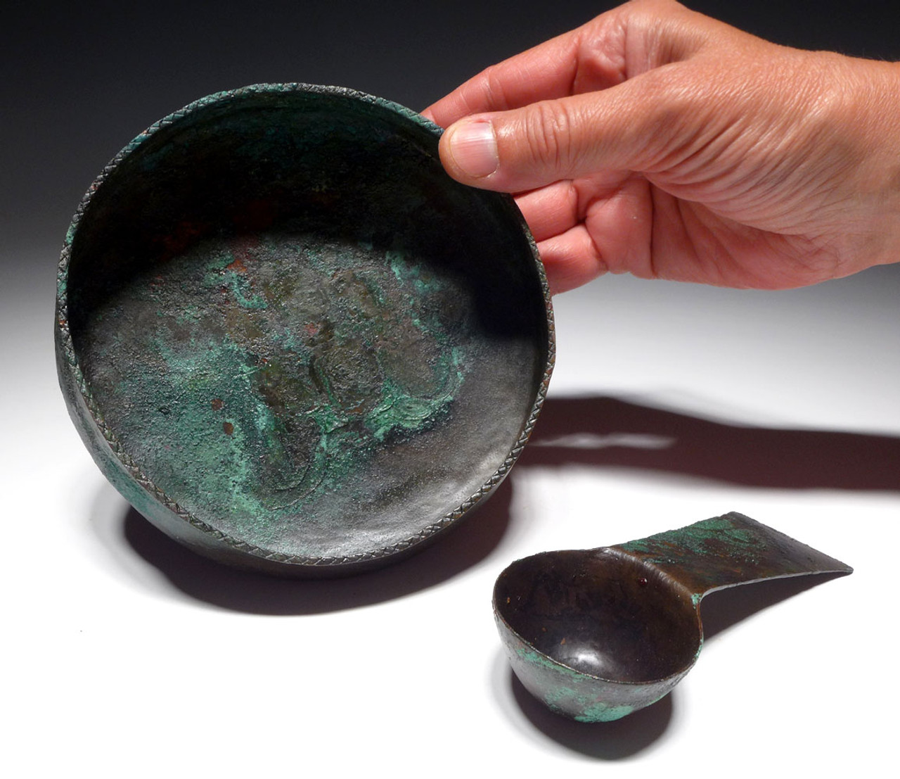 RARE ANCIENT LUXURY COPPER PRE-COLUMBIAN MOCHE BOWL AND LADLE ORIGINAL SET  *PC405