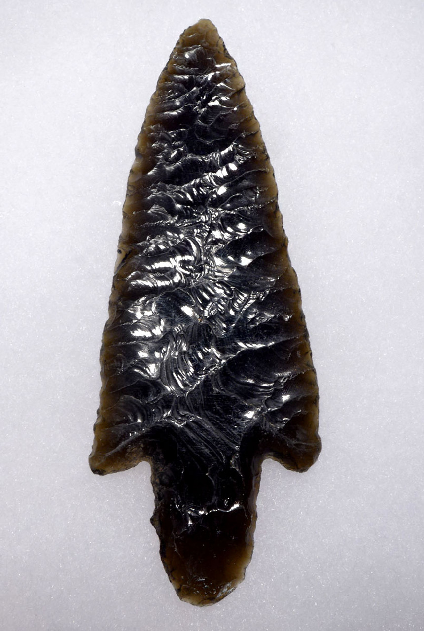 INVESTMENT-CLASS TEOTIHUACAN PRE-COLUMBIAN PARALLEL FLAKED PRESTIGE BIFACIAL SPEARHEAD IN GREEN OBSIDIAN  *PC495