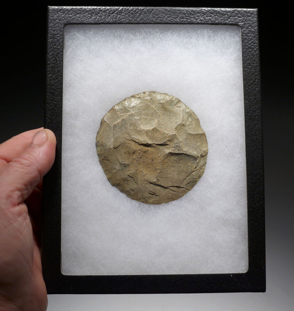 SUPREME GREEN JASPER 'SUN DISK' PRESTIGE DISCOIDAL SCRAPER FROM