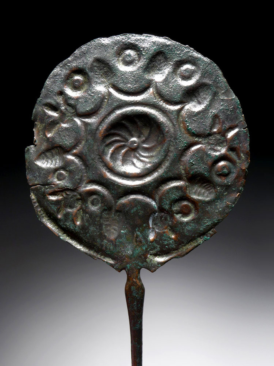RARE ANCIENT IRANIAN LURISTAN SILVERED BRONZE DISK-HEADED PIN WITH FLORAL WORK   *LUR275
