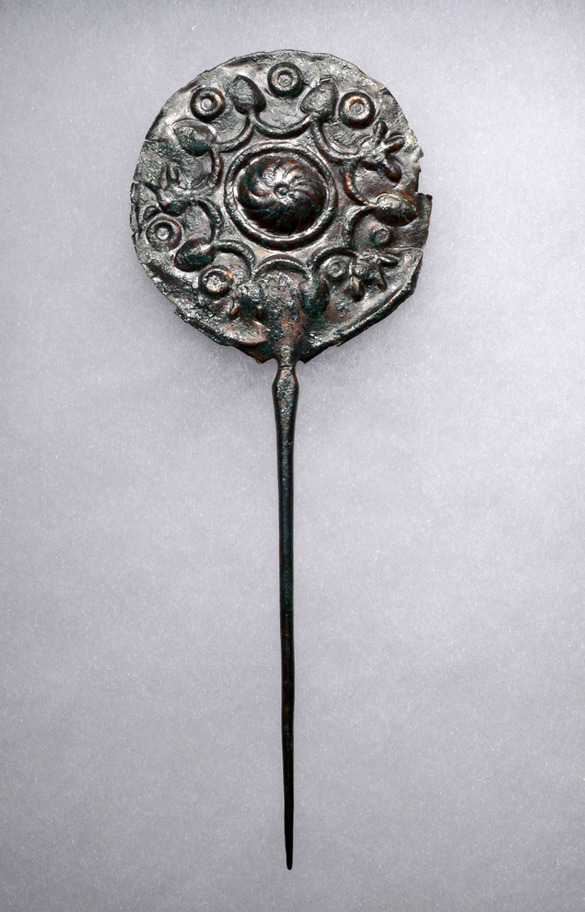 RARE ANCIENT IRANIAN LURISTAN SILVERED BRONZE DISK-HEADED PIN WITH FLORAL WORK   *LUR275