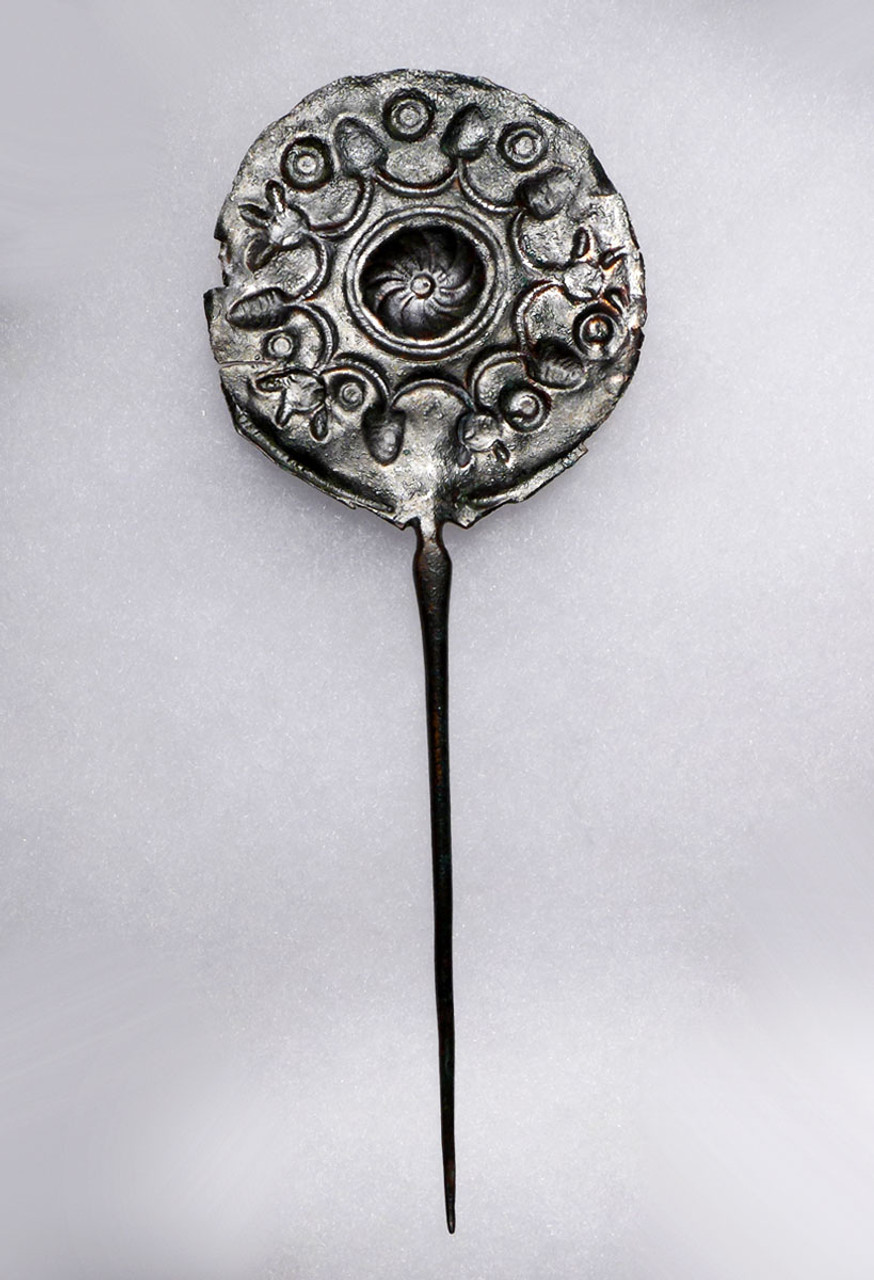 RARE ANCIENT IRANIAN LURISTAN SILVERED BRONZE DISK-HEADED PIN WITH FLORAL WORK   *LUR275