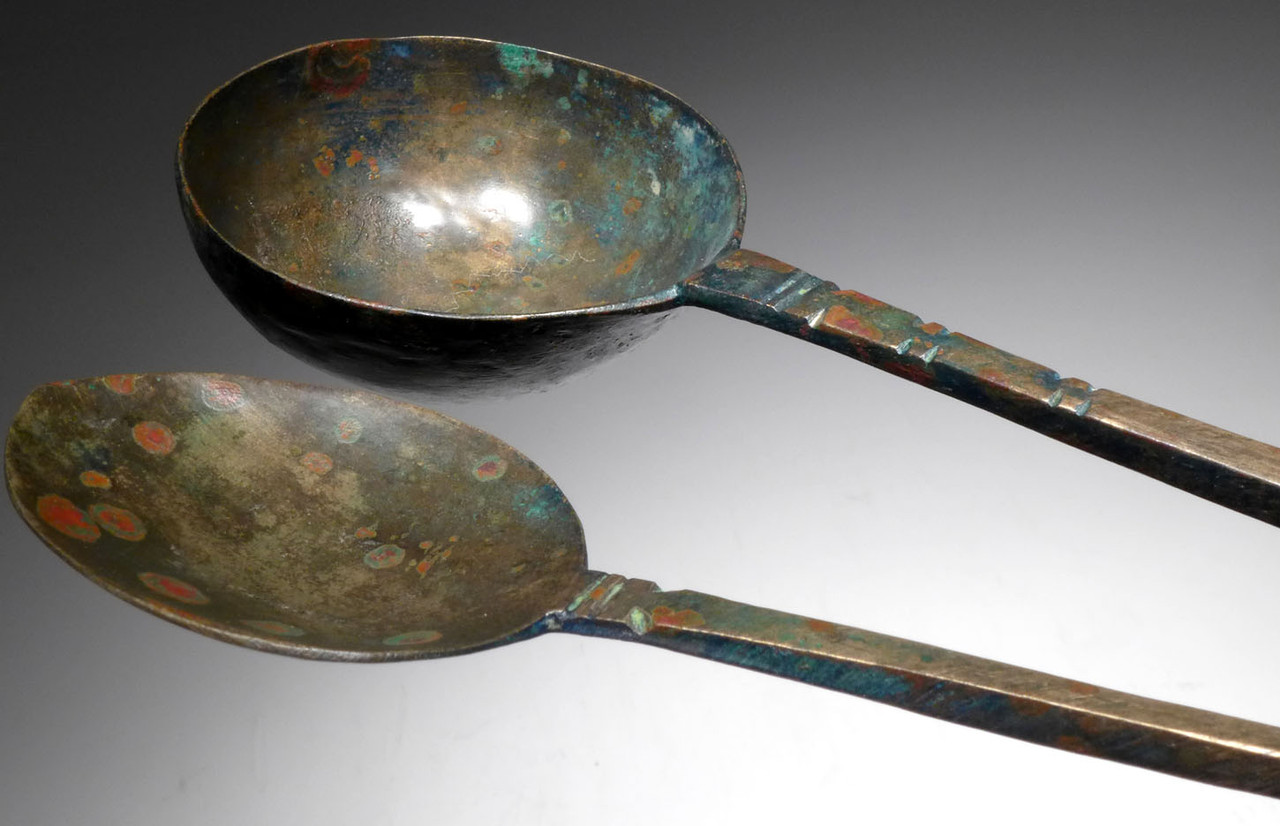 RARE ANCIENT CHRISTIAN BYZANTINE ROMAN GILDED BRONZE LITURGICAL SPOON AND LADLE SET FOR EUCHARIST CEREMONY  *R324