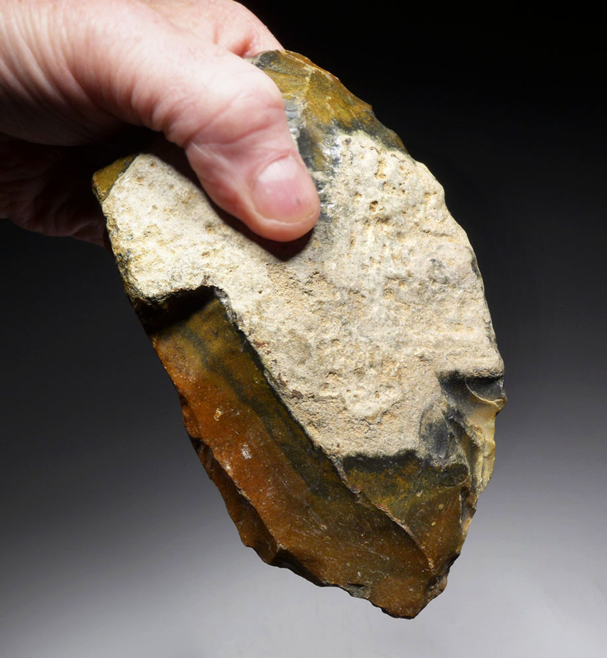 LARGE COLORFUL HOMO HEIDELBERGENSIS ACHEULEAN HAND AXE OF TABULAR FLINT FROM FRANCE  *ACH464