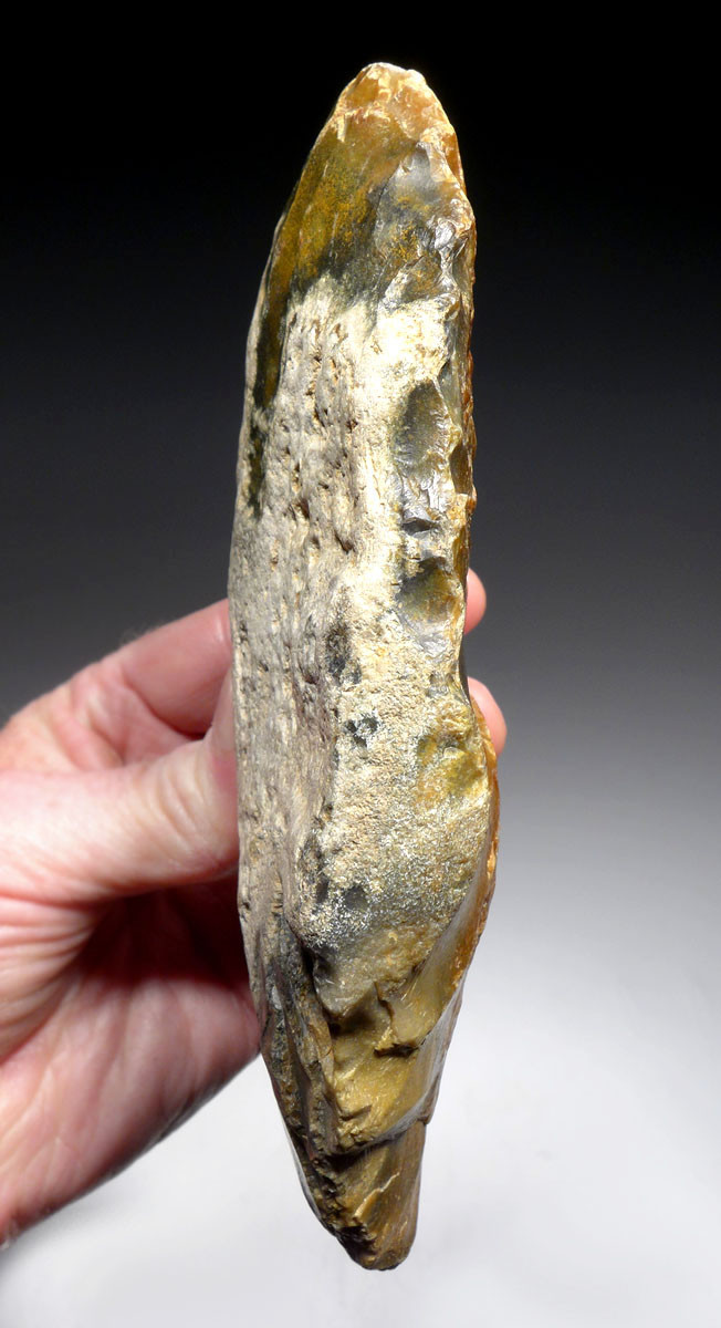 LARGE COLORFUL HOMO HEIDELBERGENSIS ACHEULEAN HAND AXE OF TABULAR