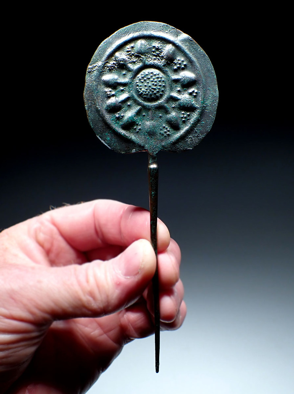 RARE ANCIENT IRANIAN LURISTAN BRONZE DISK-HEADED PIN WITH CHASED FRUIT AND FLORAL DESIGNS  *LUR369