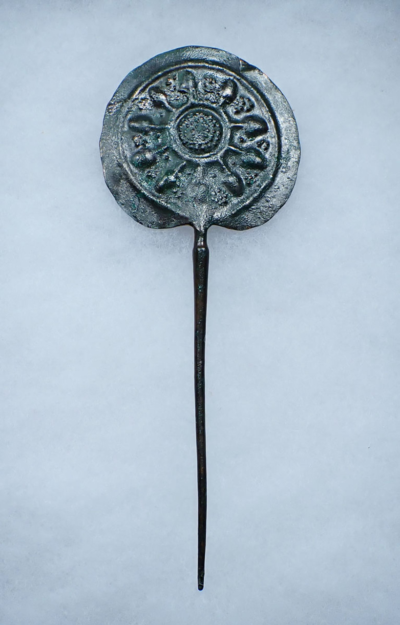 RARE ANCIENT IRANIAN LURISTAN BRONZE DISK-HEADED PIN WITH CHASED FRUIT AND FLORAL DESIGNS  *LUR369