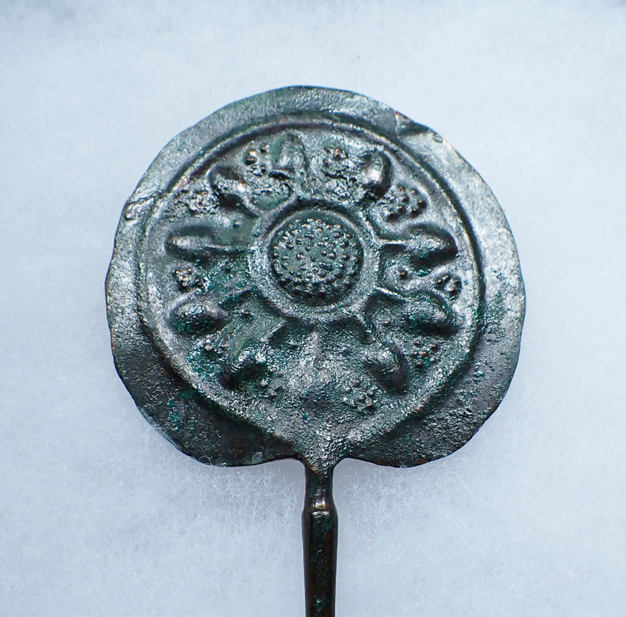 RARE ANCIENT IRANIAN LURISTAN BRONZE DISK-HEADED PIN WITH CHASED FRUIT AND FLORAL DESIGNS  *LUR369