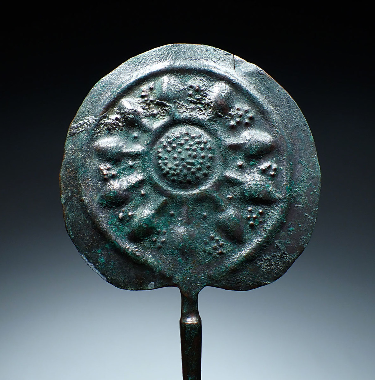 RARE ANCIENT IRANIAN LURISTAN BRONZE DISK-HEADED PIN WITH CHASED FRUIT AND FLORAL DESIGNS  *LUR369