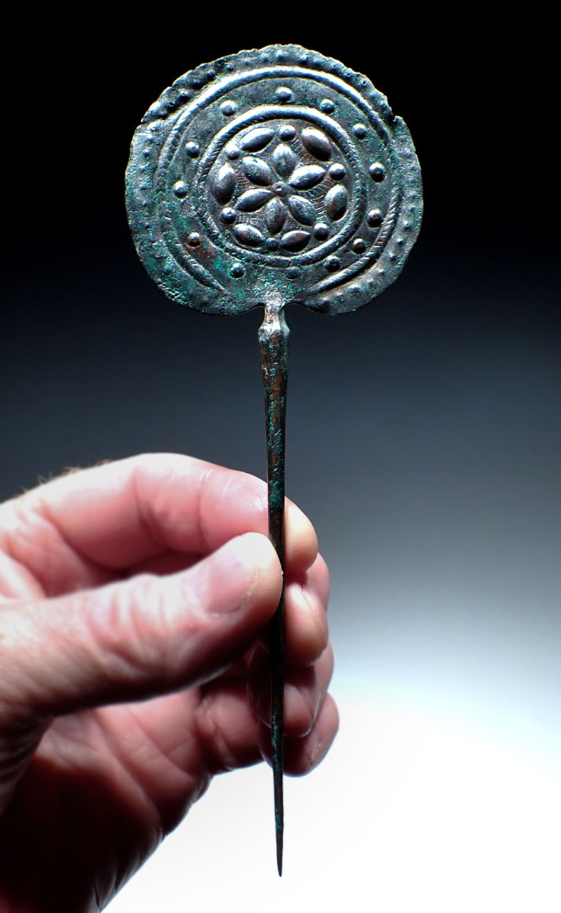 RARE ANCIENT IRANIAN LURISTAN BRONZE DISK-HEADED PIN WITH INTRICATE STAMPED AND CHASED FLORAL DESIGNS  *LUR370