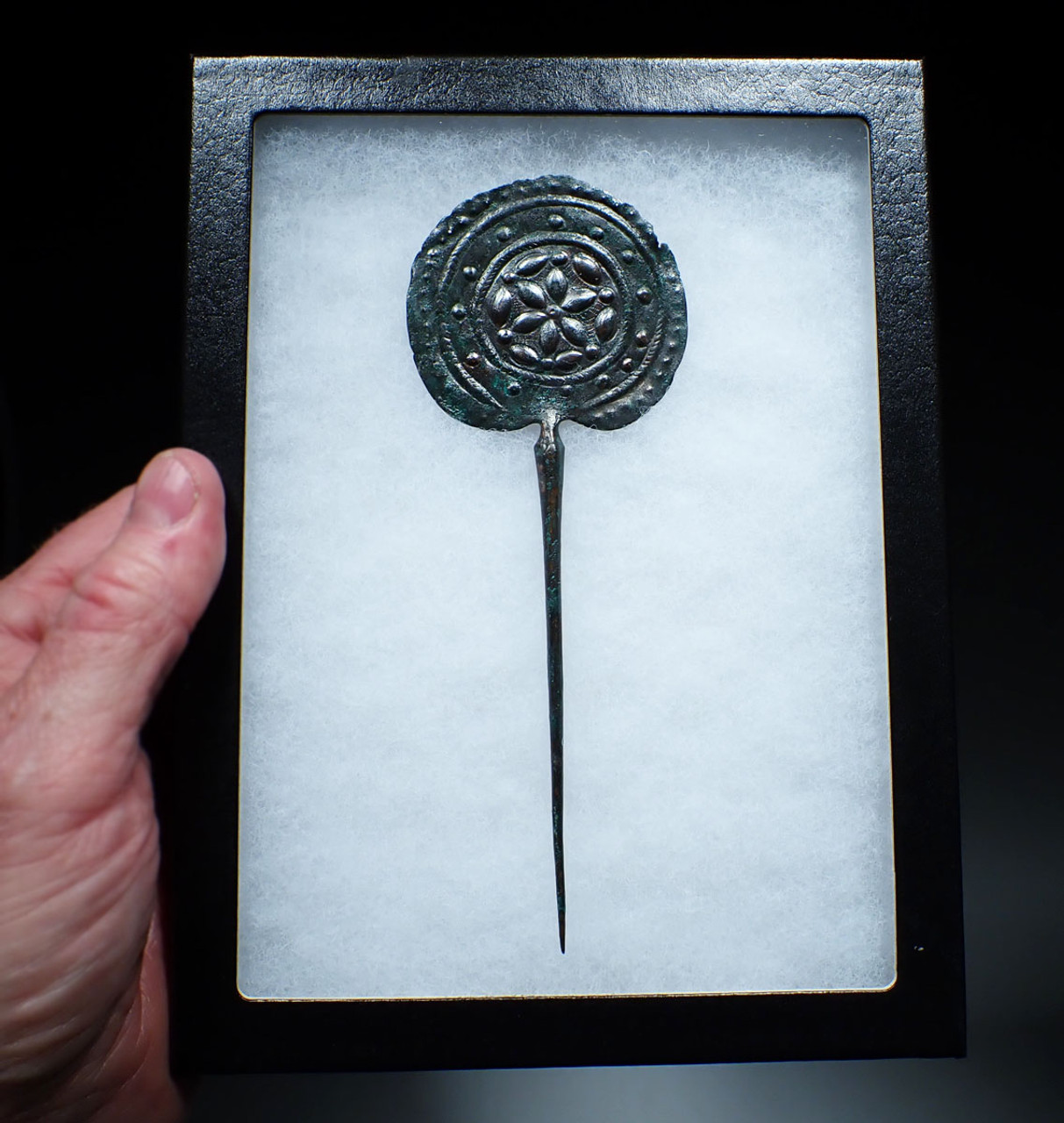 RARE ANCIENT IRANIAN LURISTAN BRONZE DISK-HEADED PIN WITH INTRICATE STAMPED AND CHASED FLORAL DESIGNS  *LUR370