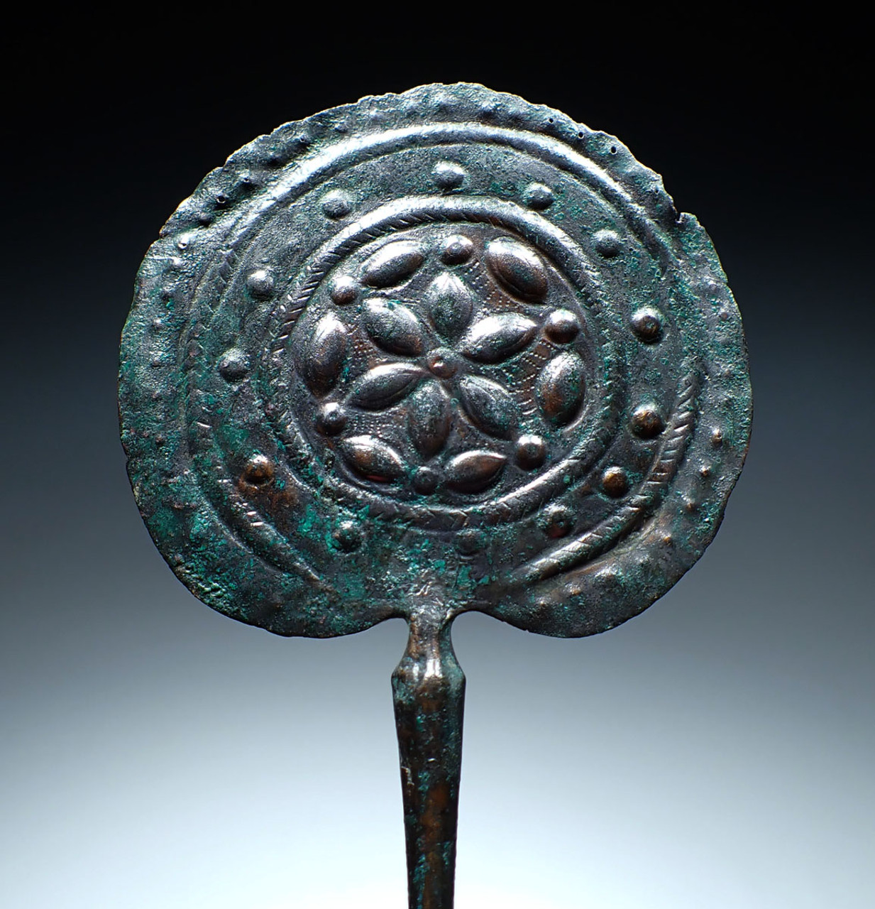 RARE ANCIENT IRANIAN LURISTAN BRONZE DISK-HEADED PIN WITH INTRICATE STAMPED AND CHASED FLORAL DESIGNS  *LUR370