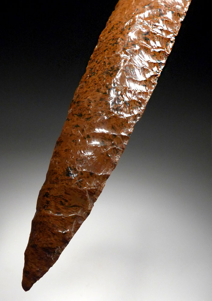 LARGE FINEST UNBROKEN PRESTIGE BIFACIAL LEAF BLADE OF RED ORANGE OBSIDIAN FROM THE PRE-COLUMBIAN WEST MEXICO SHAFT TOMB CULTURE  *PC410