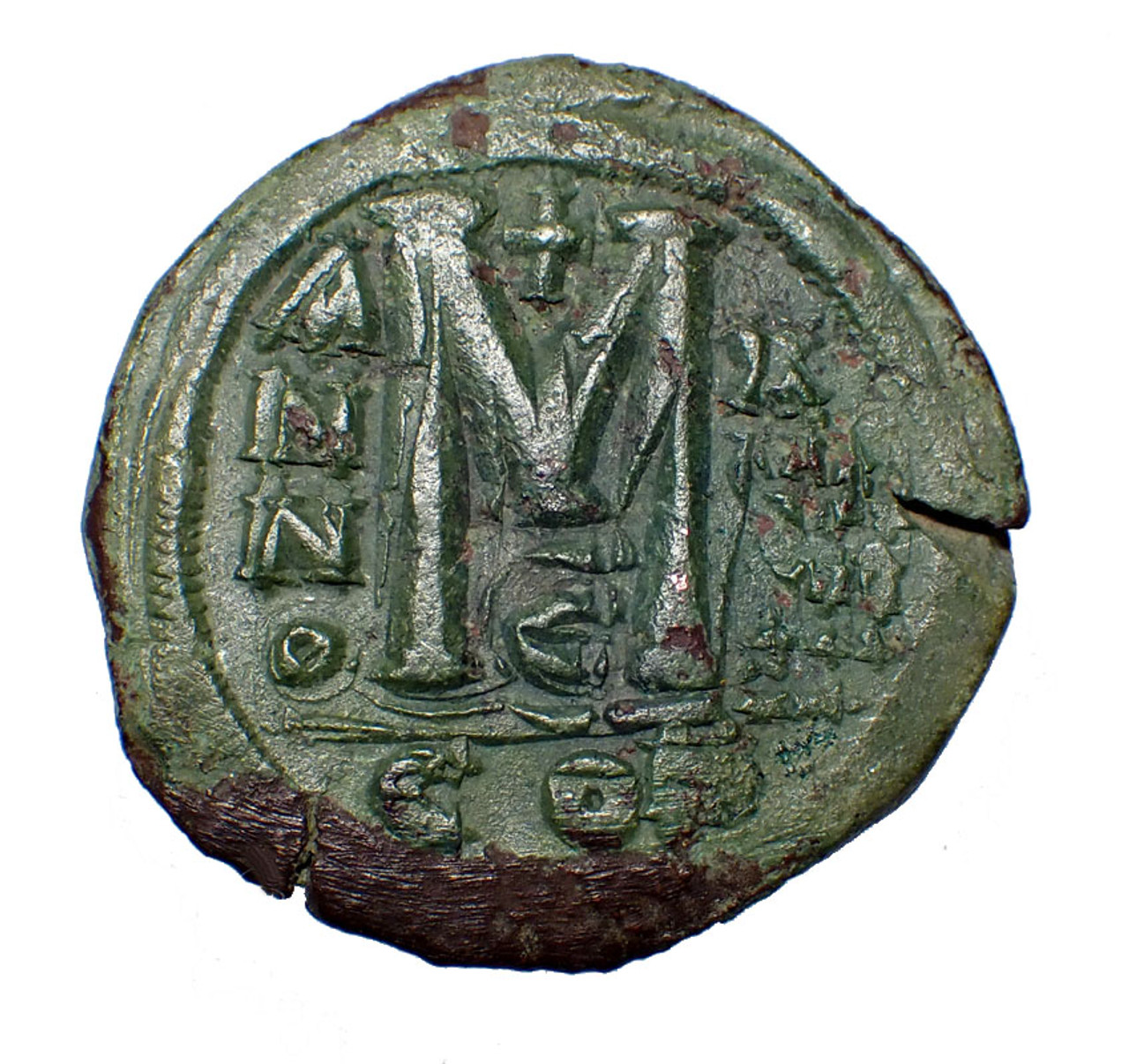 GREEN ROMAN BYZANTINE BRONZE FOLLIS ANCIENT COIN OF EMPERIOR JUSTINIAN I THE GREAT WHO BUILT HAGIA SOPHIA  *AC101
