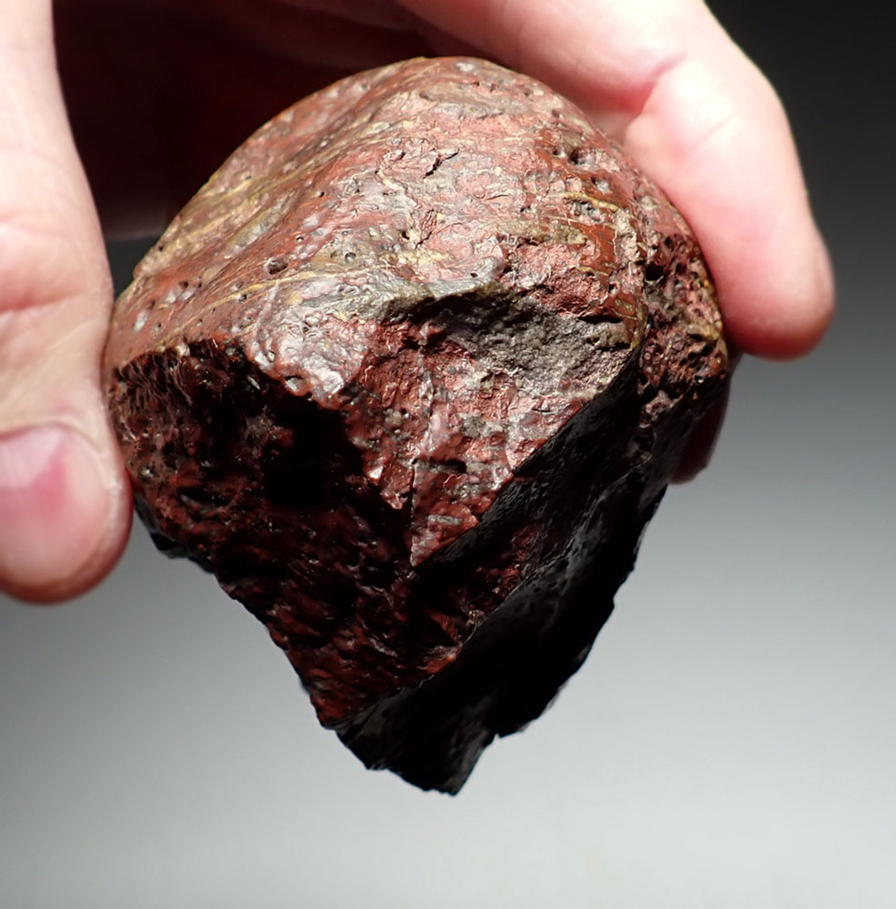 DARK RED HOMO ERECTUS MODE 1 OLDOWAN PEBBLE CHOPPER AXE FROM AFRICA OF VESICULAR BASALT WITH INCREDIBLE WIND POLISHING  *PB201