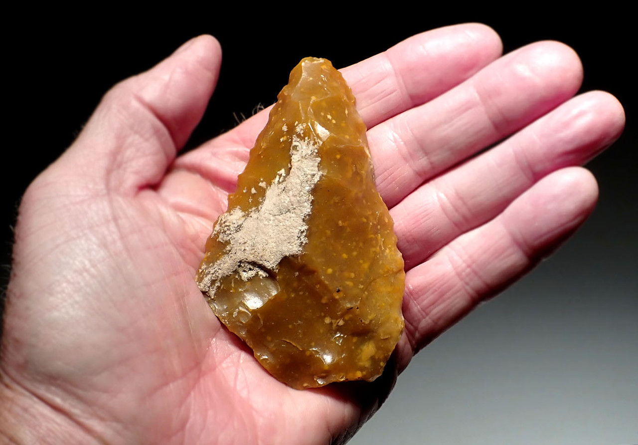 OUR LARGEST AND FINEST GOLDEN FLINT NEANDERTHAL SPEARHEAD MOUSTERIAN POINT FROM FRANCE  *M506