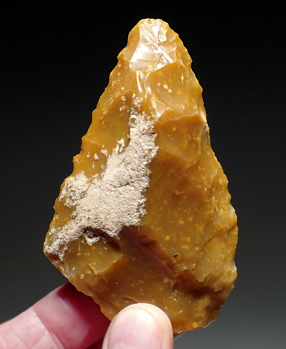 OUR LARGEST AND FINEST GOLDEN FLINT NEANDERTHAL SPEARHEAD MOUSTERIAN POINT FROM FRANCE  *M506