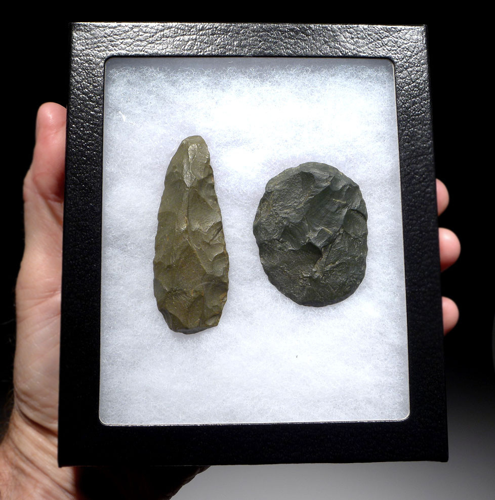 TENERIAN AFRICAN NEOLITHIC GREEN JASPER KNIFE AND DISK SCRAPER