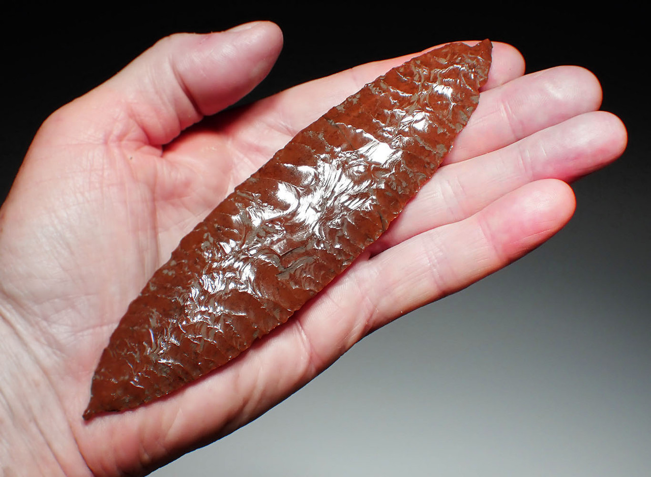 NEEDLE-TIPPED MAYAN PRE-COLUMBIAN CEREMONIAL RED MAHOGANY OBSIDIAN BIFACIAL SACRIFICIAL KNIFE DAGGER BLADE  *PC612