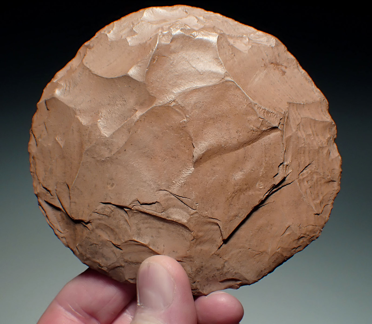 EXTRAORDINARY TENERIAN AFRICAN NEOLITHIC LARGE SALMON RED INDURATED SHALE 'SUN DISK' PRESTIGE DISCOIDAL SCRAPER  *CAP443 EXTRAORDINARY TENERIAN AFRICAN NEOLITHIC LARGE SALMON RED INDURATED SHALE 'SUN DISK' PRESTIGE DISCOIDAL SCRAPER  *CAP443