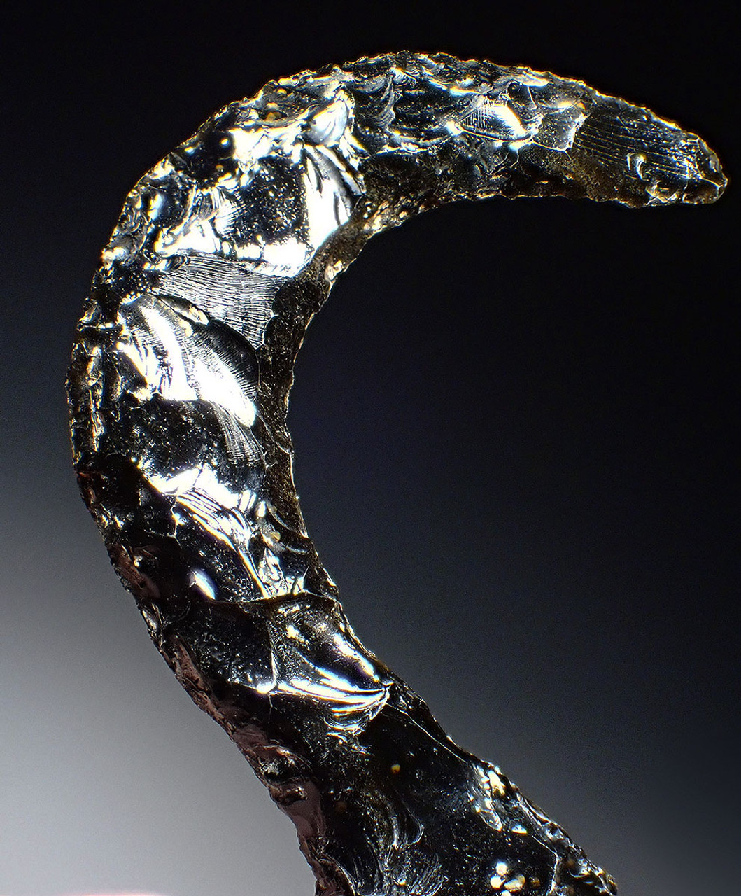 ULTRA-RARE AZTEC PRE-COLUMBIAN HUMAN SACRIFICE OBSIDIAN HEART REMOVAL SICKLE HOOK KNIFE IN SPARKLING GREEN SHEEN OBSIDIAN  *PC631