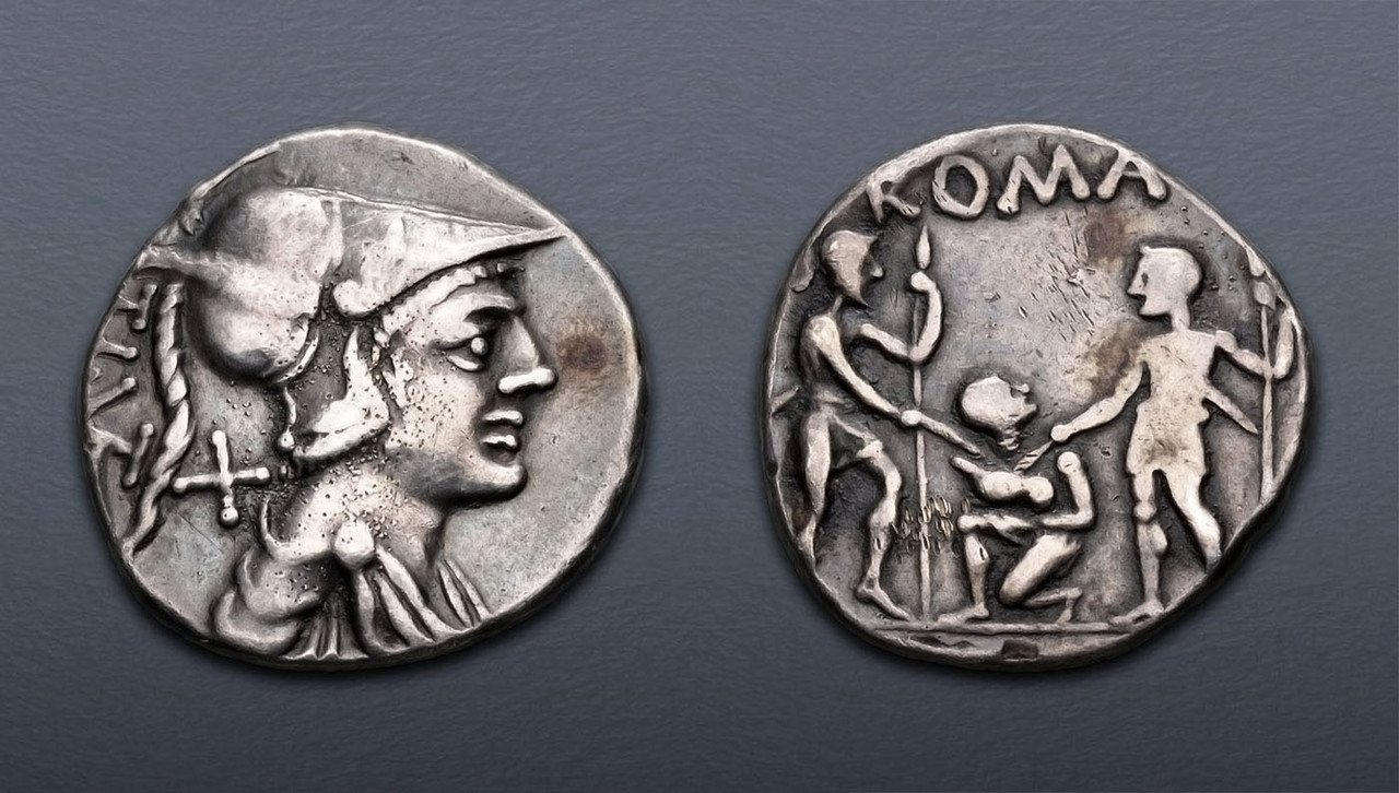 ROMAN REPUBLIC SILVER DENARIUS ANCIENT COIN WITH HELMETED MARS AND YOUTH TAKING OATH WITH SOLDIERS  *AC211