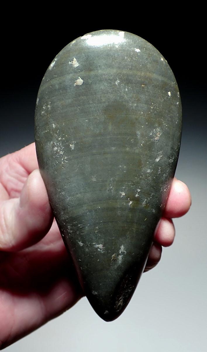 EXCEPTIONAL PRE-COLUMBIAN MAYAN POLISHED COLORFUL BANDED GREEN STONE CELT WAR AXE  *PC649