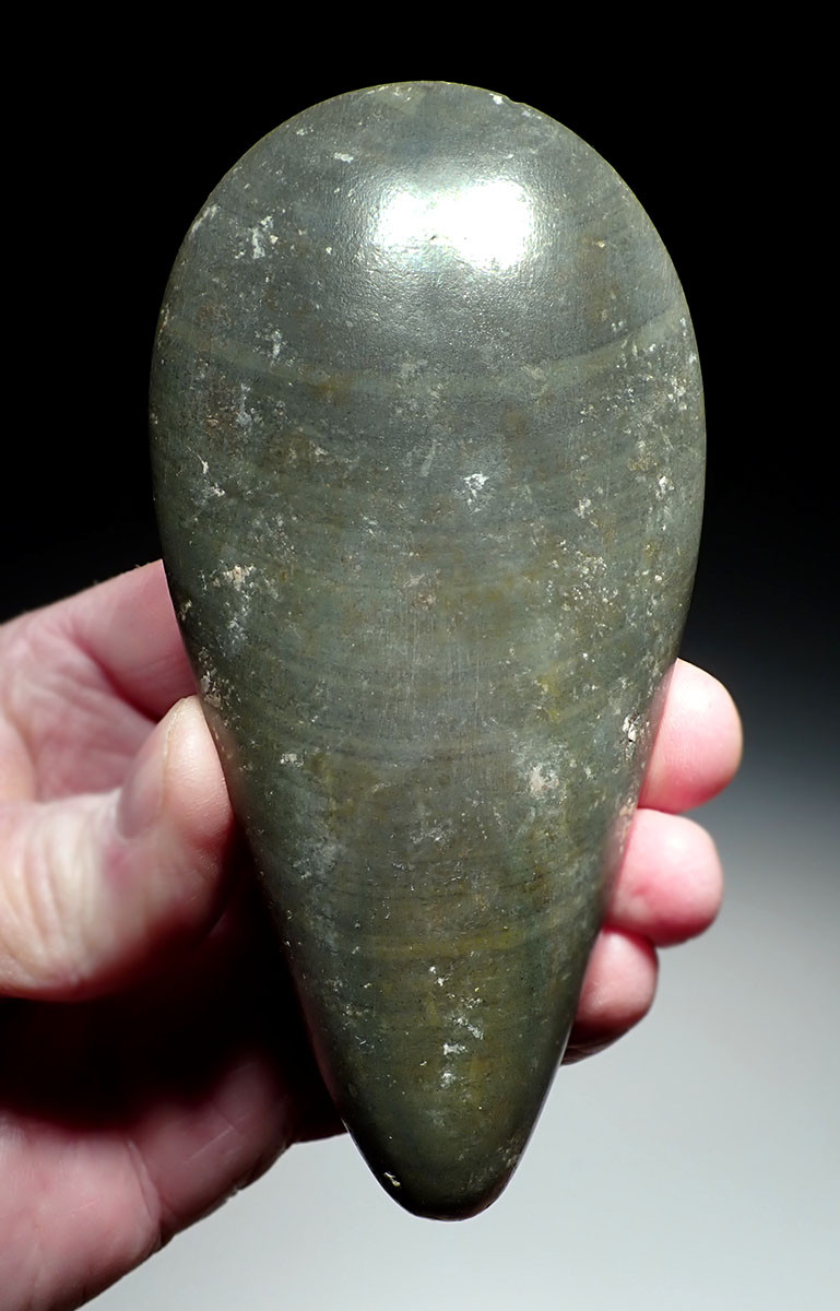 EXCEPTIONAL PRE-COLUMBIAN MAYAN POLISHED COLORFUL BANDED GREEN STONE CELT WAR AXE  *PC649