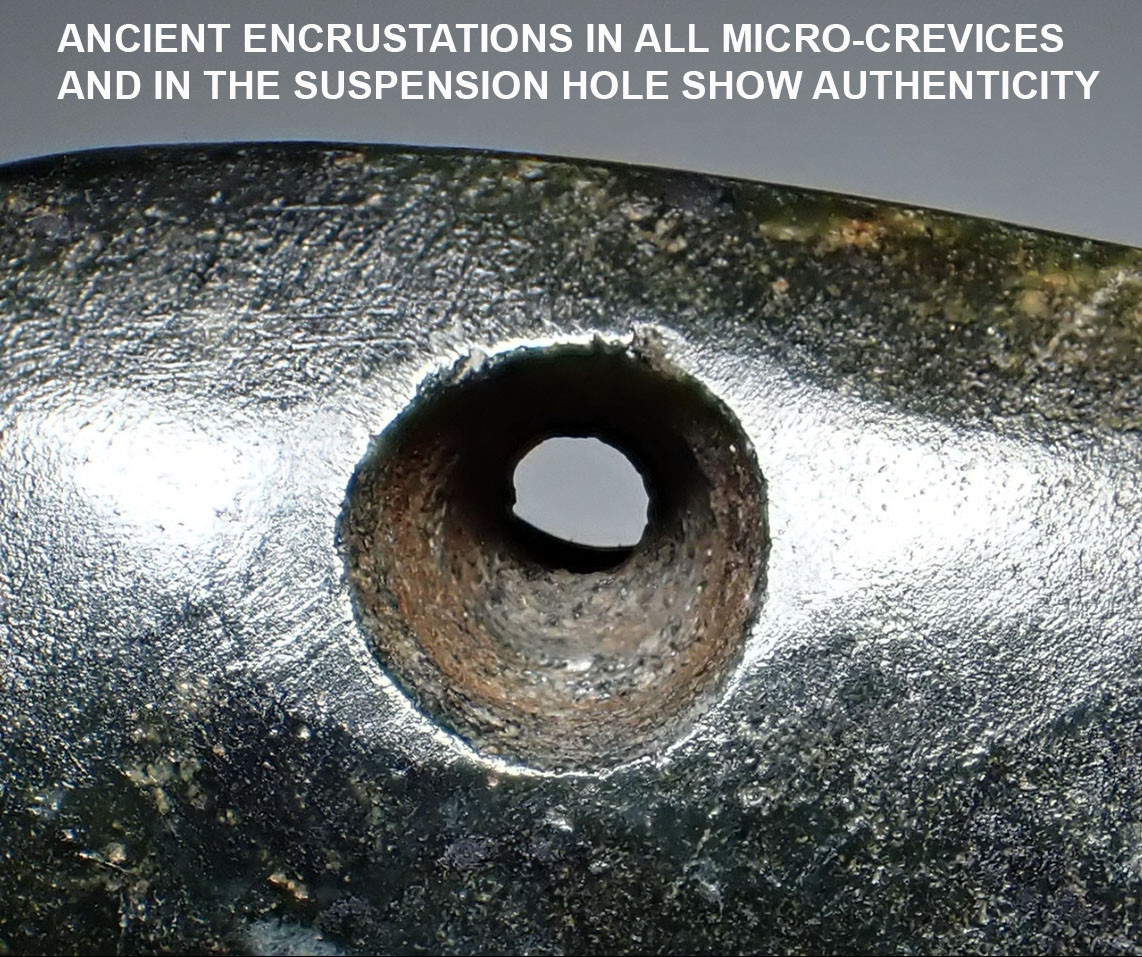 EXCEPTIONAL LARGE PRE-COLUMBIAN MEZCALA CARVED STONE GROOVED AND DRILLED AMULET PENDANT  *PC655