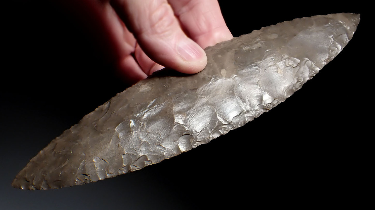 SUPERIOR PRE-COLUMBIAN MAYAN BIFACIAL SILVER FLINT RITUAL KNIFE LEAF BLADE DAGGER FOR SACRIFICE   *PC658