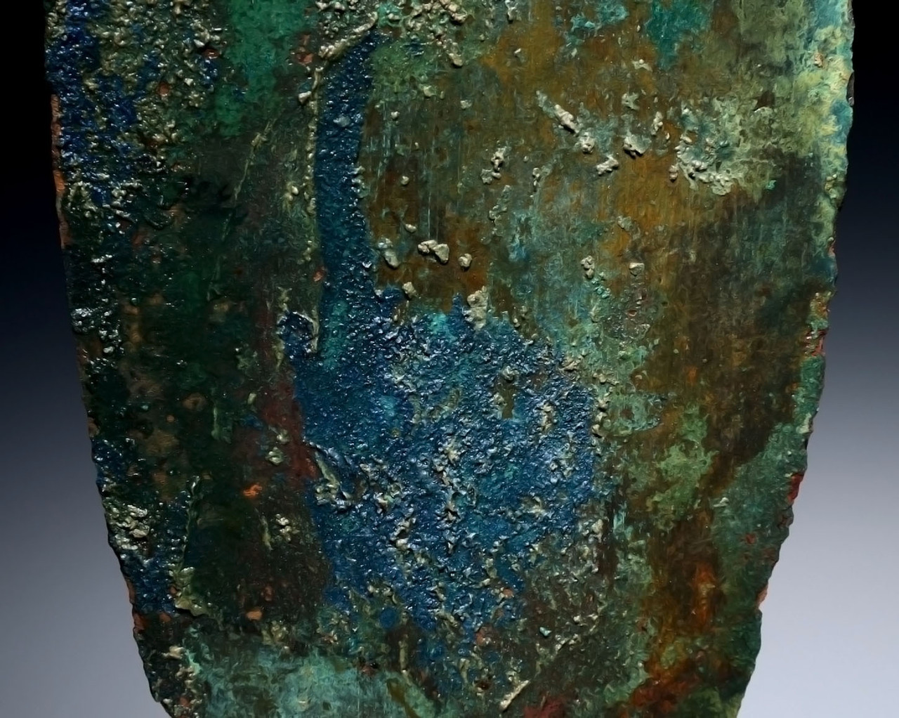 COLORFUL MAXIMUM SIZE ANCIENT BRONZE LURISTAN DAGGER WITH BLUE AZURITE DEPOSITS  *LUR453
