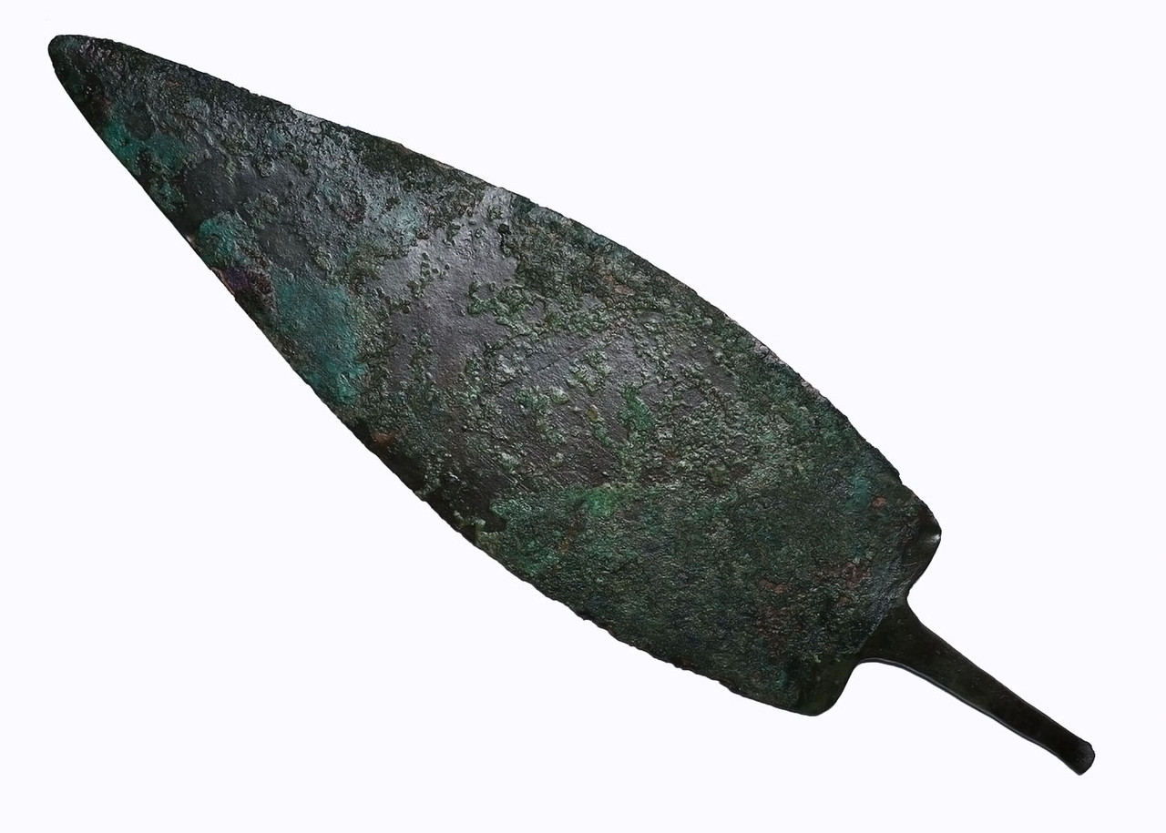 COLORFUL MAXIMUM SIZE ANCIENT BRONZE LURISTAN DAGGER WITH BLUE AZURITE DEPOSITS  *LUR453