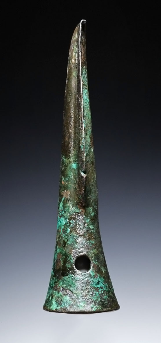 ANCIENT BACTRIAN BRONZE SOCKETED THROWING JAVELIN SPEARHEAD WITH EVIDENCE OF COMBAT USE AND ANCIENT WOOD TRACES  *LUR466