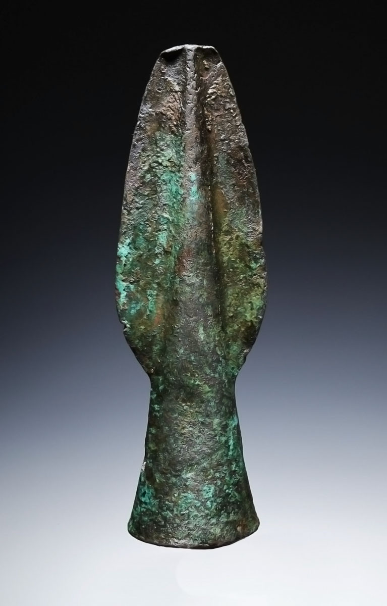 ANCIENT BACTRIAN BRONZE SOCKETED THROWING JAVELIN SPEARHEAD WITH EVIDENCE OF COMBAT USE AND ANCIENT WOOD TRACES  *LUR466