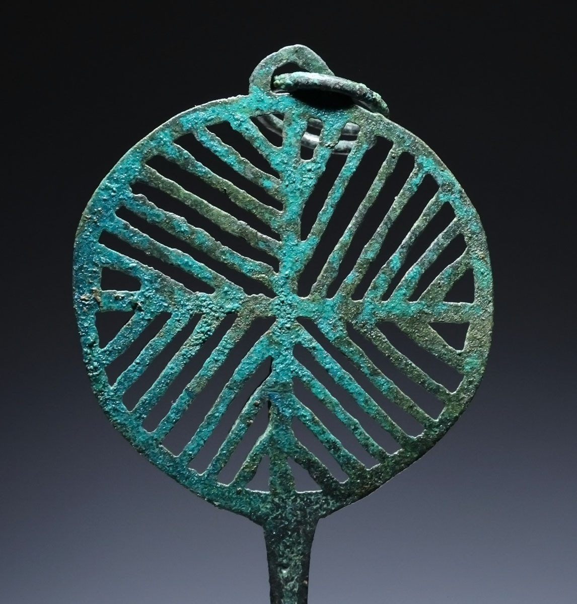 ANCIENT BRONZE GEOMETRIC OPENWORK DISK HEAD STICK PIN OF THE EASTERN SAKA SCYTHIANS  *LUR459
