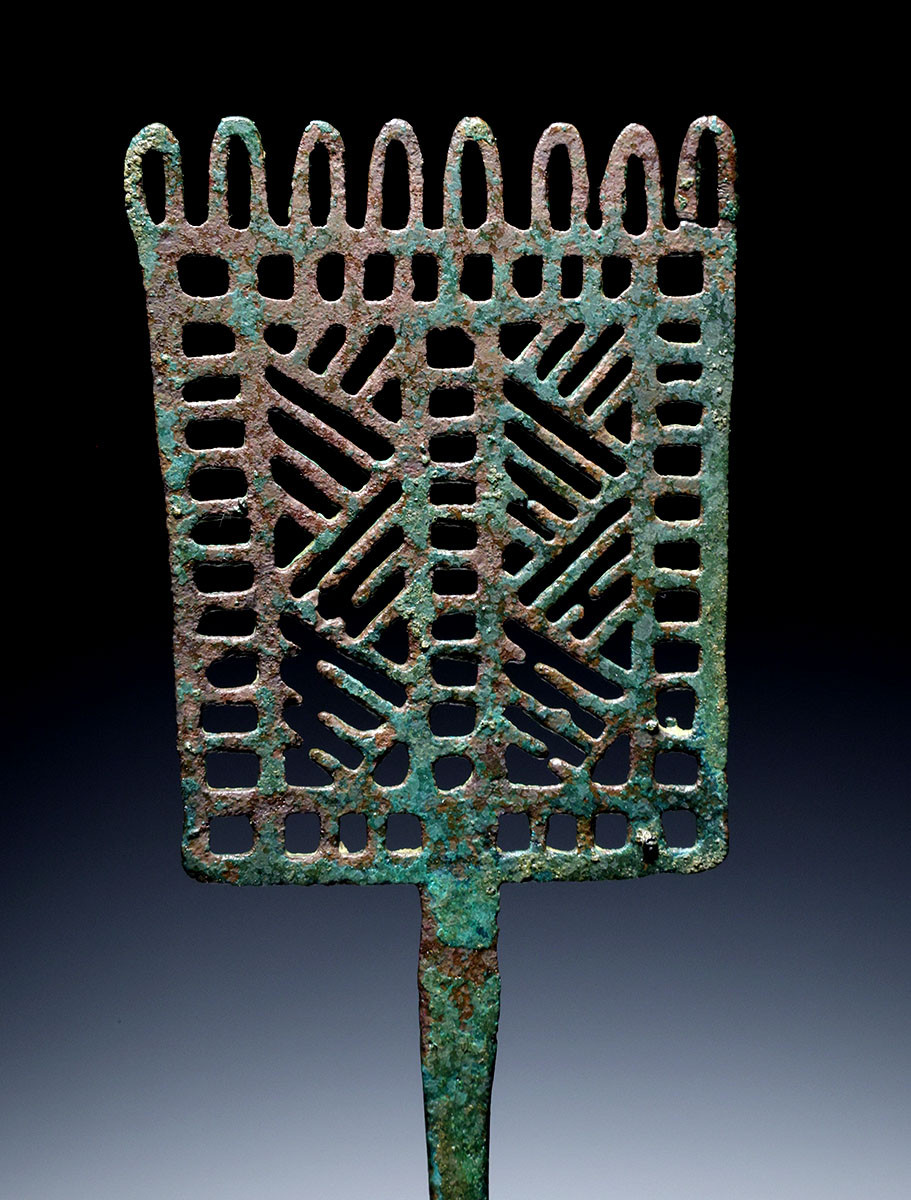 UNUSUAL ANCIENT BRONZE GEOMETRIC RECTANGULAR HEAD OPENWORK STICK PIN OF THE EASTERN SAKA SCYTHIANS  *LUR460
