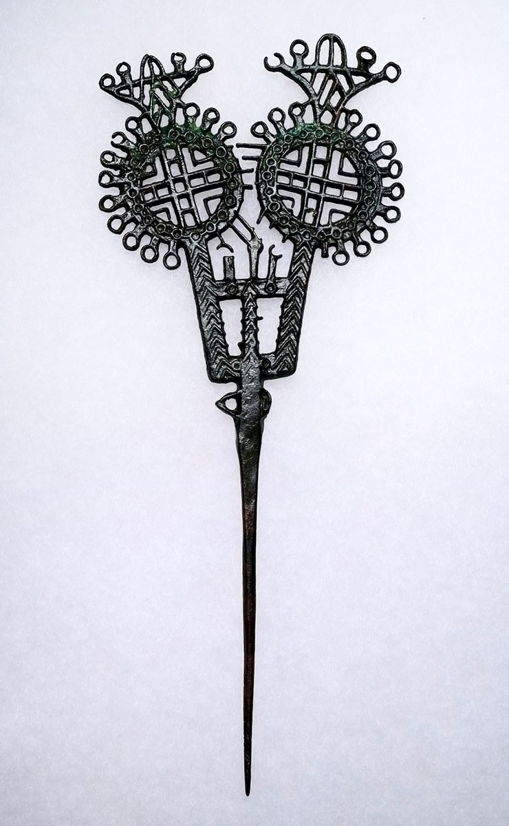 EXTREMELY RARE SAKA SCYTHIAN ANCIENT COPPER BRONZE OPENWORK IDOL ANTHROPOMORPHIC STICK PIN  *LUR451