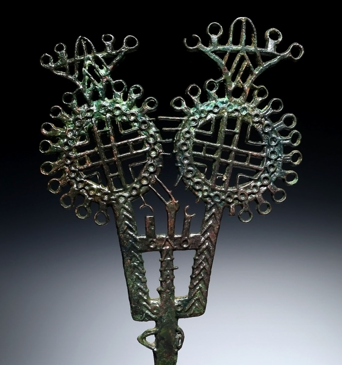 EXTREMELY RARE SAKA SCYTHIAN ANCIENT COPPER BRONZE OPENWORK IDOL ANTHROPOMORPHIC STICK PIN  *LUR451